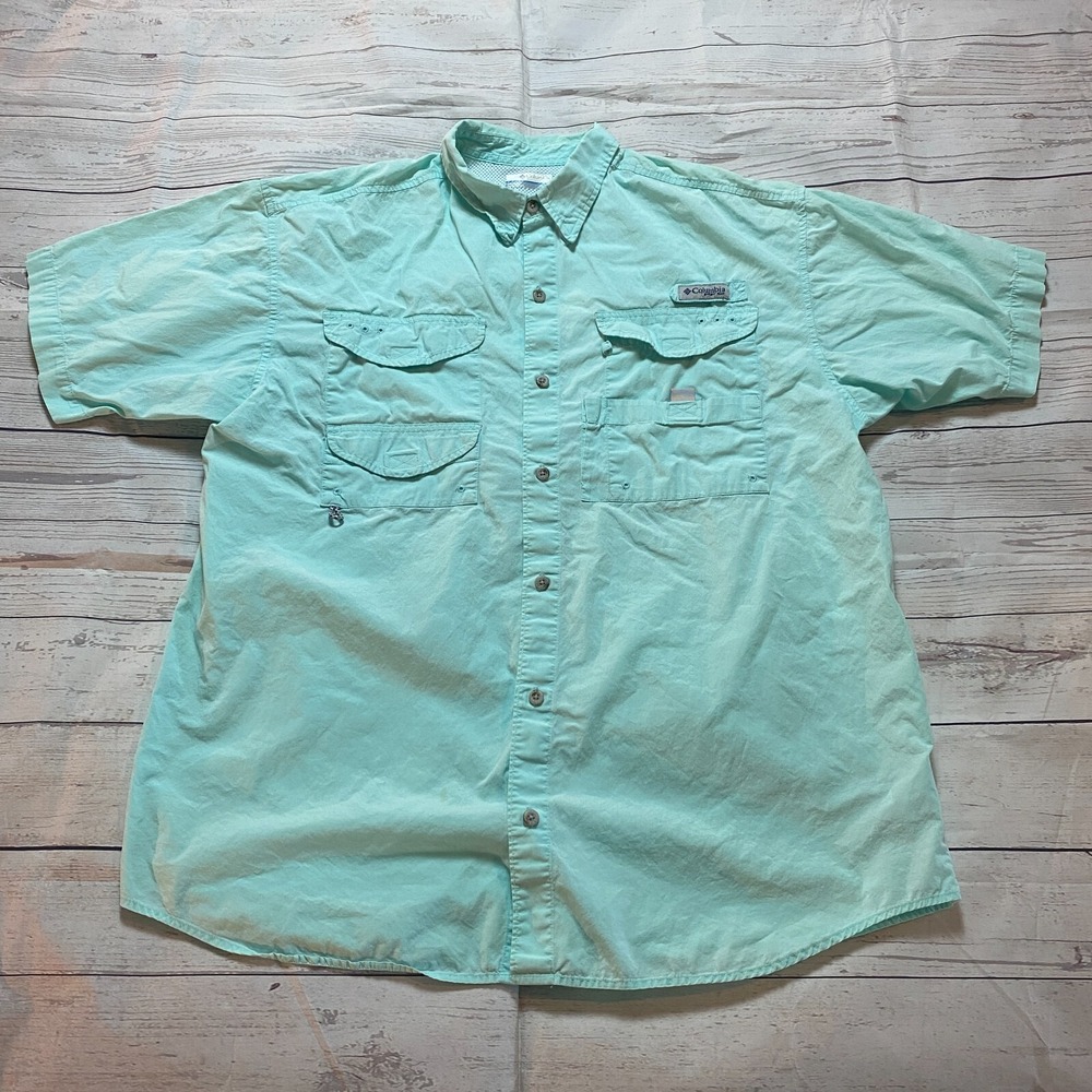 Columbia PFG Vented Short Sleeve Button Front Fishing Shirt Cotton Blue Men's L